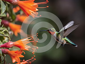 Ruby-throated Hummingbird (archilochus colubris) in flight with red flower in the background Made with Generative AI