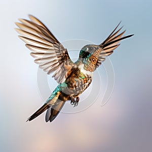 Ruby-throated Hummingbird (archilochus colubris) flying in the sky