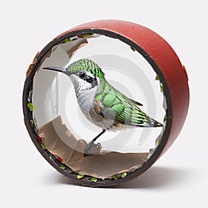 The Ruby-throated Hummingbird is isolated on a white background.