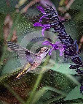 Ruby-Throated Hummingbird at Purple Salvia Artistic Illustration