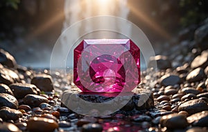 A ruby trapezohedron inserted into a stone stele, with a waterfall in the background and sun rays shining through the water