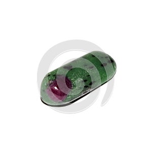 Ruby in zoisite tumbled stone on white background