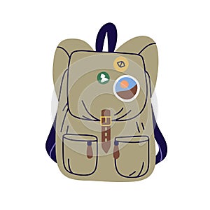 Rucksack, travel backpack. Packed tourists bag, knapsack for trekking, hiking. Touristic luggage, haversack with sticker