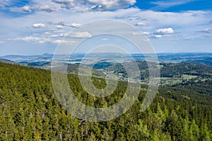Rudawy Janowickie Landscape Park Aerial View. Mountain range in Sudetes in Poland view with green forests and landscape