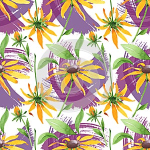 Rudbeckia hirta floral botanical flowers. Watercolor background illustration set. Seamless background pattern.