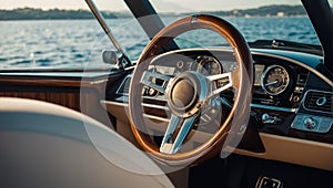 Rudder of a luxury yacht close-up navigate modern beautiful adventure photo