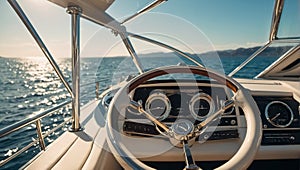 Rudder of a luxury yacht close-up navigate modern beautiful adventure steering photo