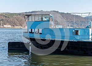 The rudder of the ship. Old industrial ship on the Danube