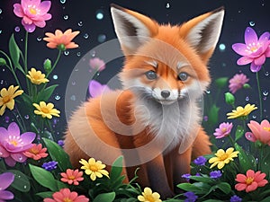a rude cute little fox with full of colorful flowers background