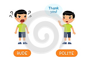 RUDE and POLITE antonyms word card, Opposites concept. Flashcard for English language learning.