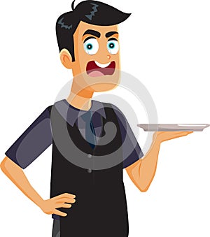 Rude Waiter Screaming Holding an Empty Tray Vector Cartoon Illustration