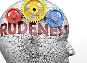 Rudeness and human mind - pictured as word Rudeness inside a head to symbolize relation between Rudeness and the human psyche, 3d