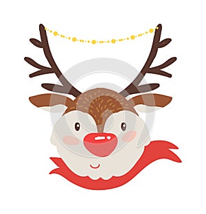 Rudolf Deer in Red Scarf Vector Illustration Icon