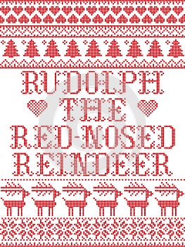 Rudolph the red-nosed reindeer Scandinavian seamless pattern inspired by nordic culture festive winter in cross stitch