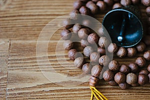 Rudraksha japa mala. Rosary made from rudraksha seeds.