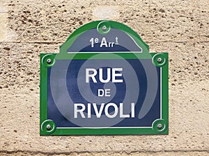 Rue de Rivoli, street plate close up in Paris France
