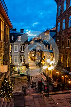 Rue du Petit-Champlain at Lower Old Town Basse-Ville at night - Quebec City, Canada