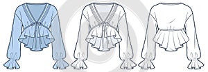 Ruffle Crop Top technical fashion Illustration. Balloon Sleeve Blouse fashion flat technical drawing template, v-neck, bow tie