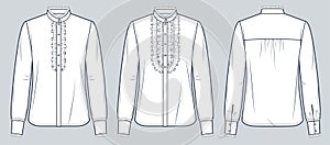 Ruffle Neck Shirt technical fashion Illustration. Women\'s Blouse fashion flat technical drawing template, cuffed long sleeve