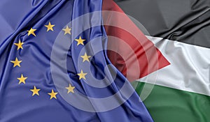 Ruffled Flags of European Union and Palestine. 3D Rendering