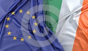 Ruffled Flags of European Union and Republic of Ireland. 3D Rendering