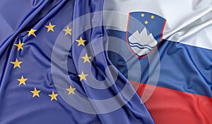 Čechral vlajky z Evropská unie a slovinsko.  trojrozměrný obraz vytvořený pomocí počítačového modelu 