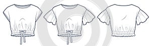 Ruffled Top fashion flat tehnical drawing template. Cropped T-Shirt technical fashion illustration, frill sleeve, round neck