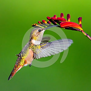Rufous hummingbird feeding at montbretia flower