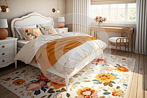 A rug with a bright floral pattern is the perfect centerpiece to a Frenchcountrystyle bedroom warmed by orange Interior