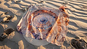 A rug with electric blue motif lays on the sandy beach AIG50