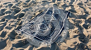 A rug with electric blue motif lays on the sandy beach AIG50