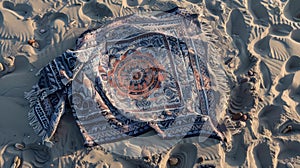 A rug with electric blue motif lays on the sandy beach AIG50