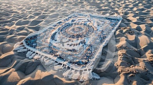 A rug with electric blue motif lays on the sandy beach AIG50