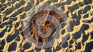 A rug with electric blue motif lays on the sandy beach AIG50