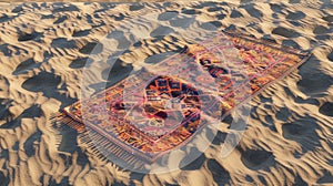 A rug with electric blue motif lays on the sandy beach AIG50