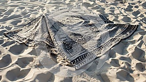 A rug with electric blue motif lays on the sandy beach AIG50