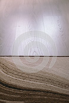A rug of neutral colors on a white laminate background. Space for inscription