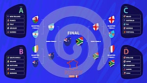 Rugby 2023 playoff match schedule filled until the final with national flags of international rugby tournament participants