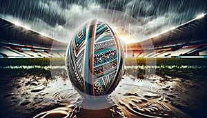 Rugby ball adorned with tribal patterns in a puddle on the muddy rugby field. Generative AI