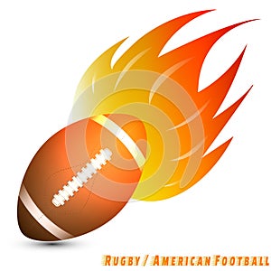 Rugby ball or american football ball with red orange yellow tone of the fire in white background.