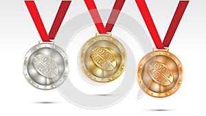 Rugby ball Champion Gold, Silver and Bronze Medals set with Red Ribbon Vector Illustration