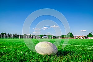 Rugby ball on field and players in the background