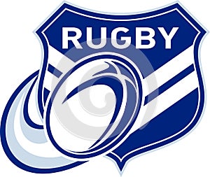 Rugby ball flying with shield