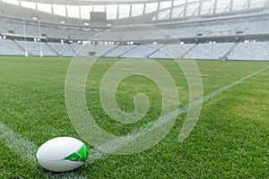 Rugby ball on a grass in the stadium