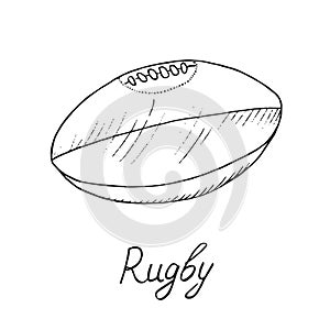 Rugby ball, hand drawn doodle sketch with inscription, isolated vector illustration