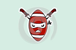 Rugby Ball Ninja with Swords Sticker design vector illustration. Sports object icon concept.