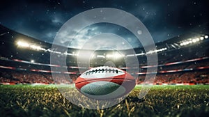 Rugby ball resting on vibrant green field. Perfect for sports-related designs and marketing