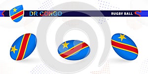 Rugby ball set with the flag of DR Congo in various angles on abstract background