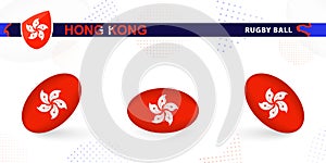 Rugby ball set with the flag of Hong Kong in various angles on abstract background