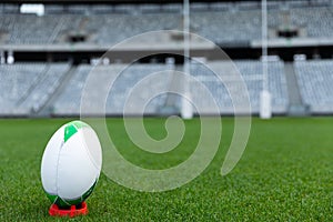 Rugby ball on a stand in stadium